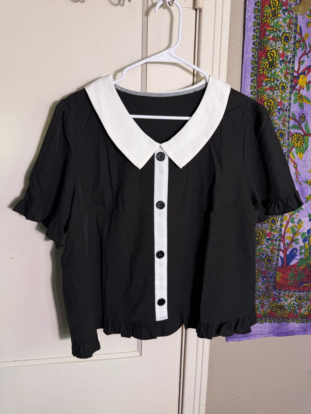 Womens XXL Black White Peter Pan Collar Blouse Ruffle Sleeve Button Front Top